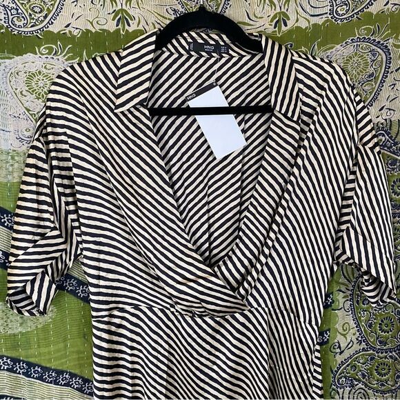 NWT Mango Mondrian Black and Tan Satin Bias Striped Midi Dress 6 - Picture 3 of 15
